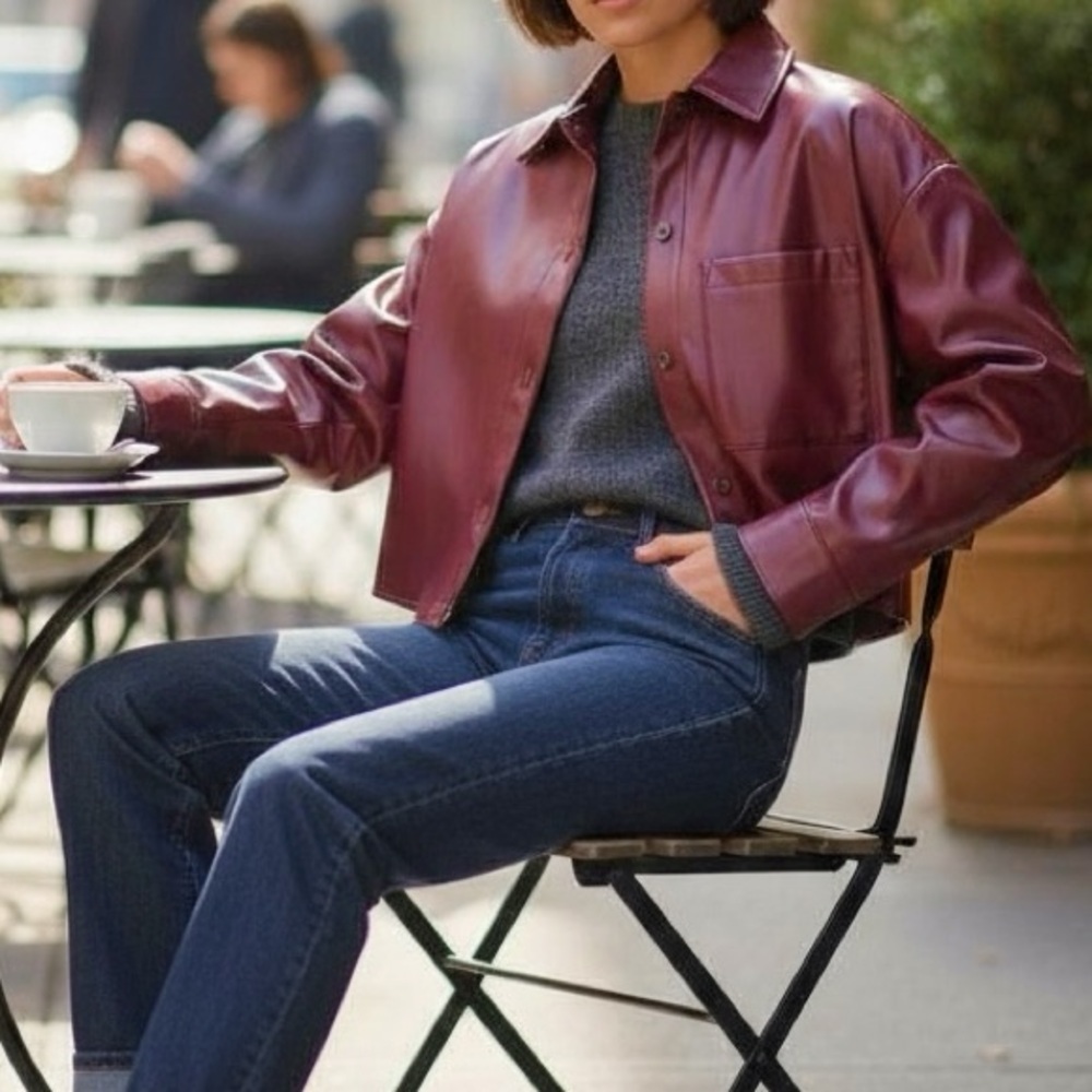 Kenneth Cole Cropped Faux Leather Shirt Jacket Burgundy Red Women’s Small